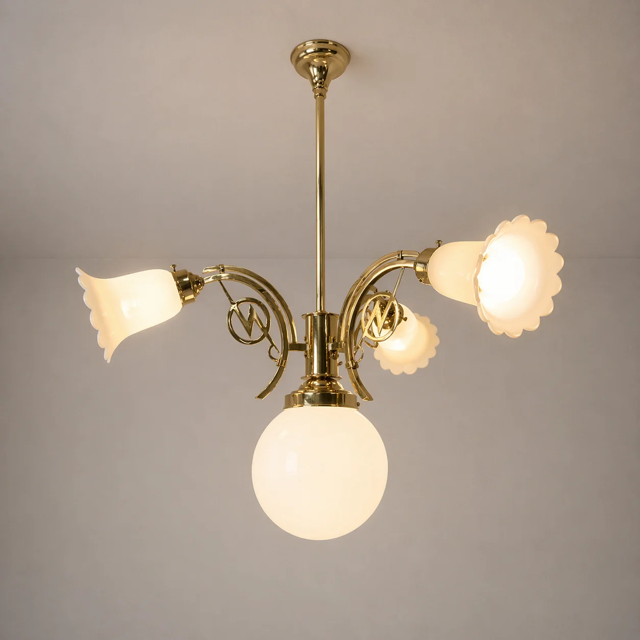 Antique Brass Chandelier with Opaline Glass Shades 3
