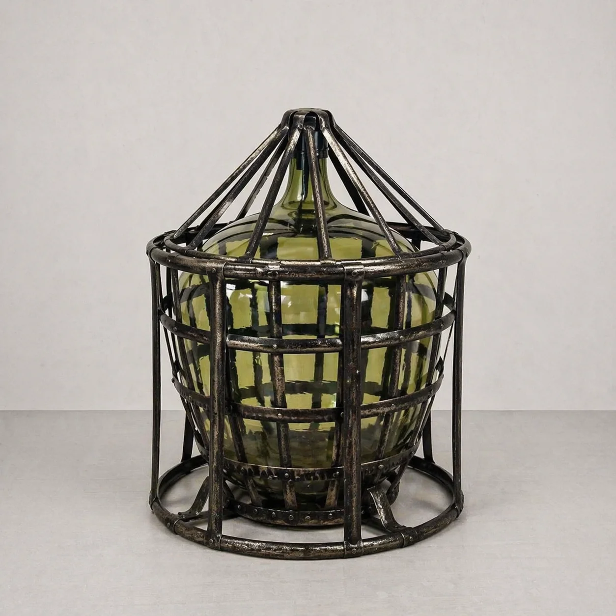 Antique Green Glass Demijohn with Iron Cage 2