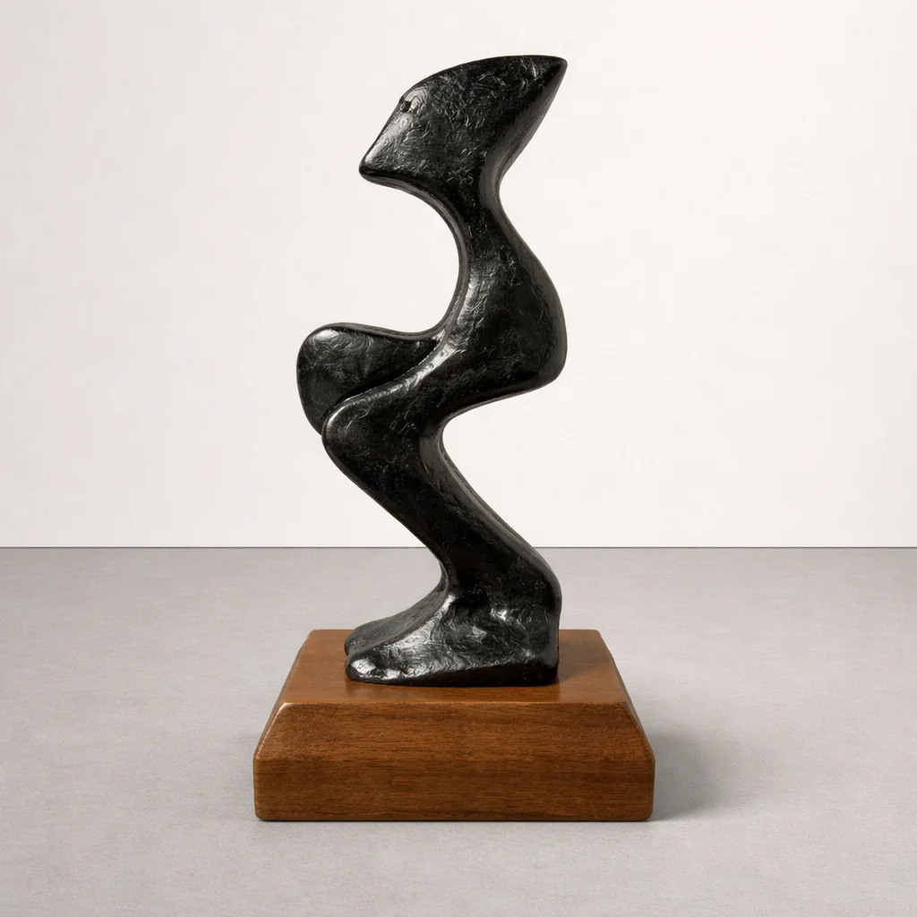 Handcrafted Abstract Metal Sculpture on Solid Wood Base 1
