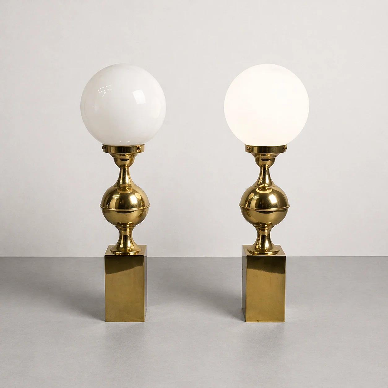 Pair of Brass Table Lamps with Milk Glass Shades 1
